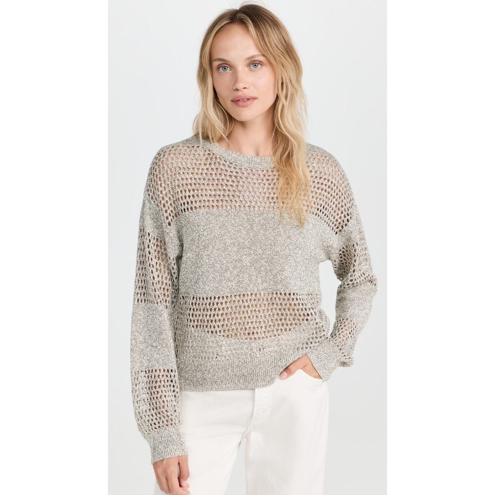 Atm Anthony Thomas Grey Linen Melillo Cotton Blend Open Knit Crew Neck Sweater